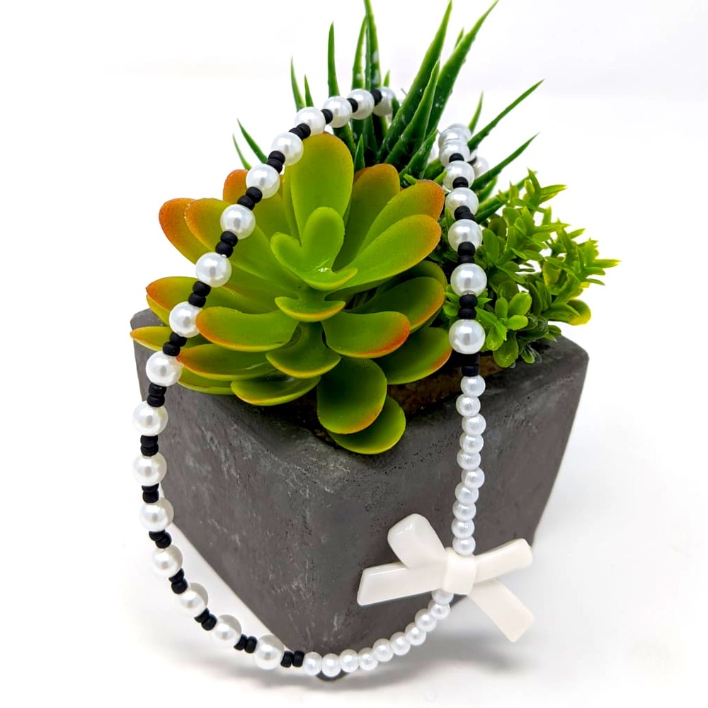 Pearl Beaded Cross Necklace in White and Black